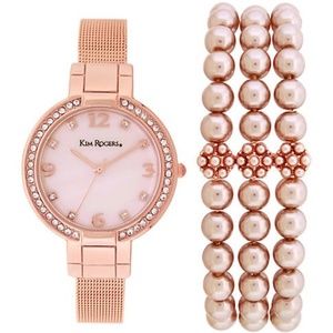 Rose Gold Tone Mesh Watch and Pearl Bracelet Set